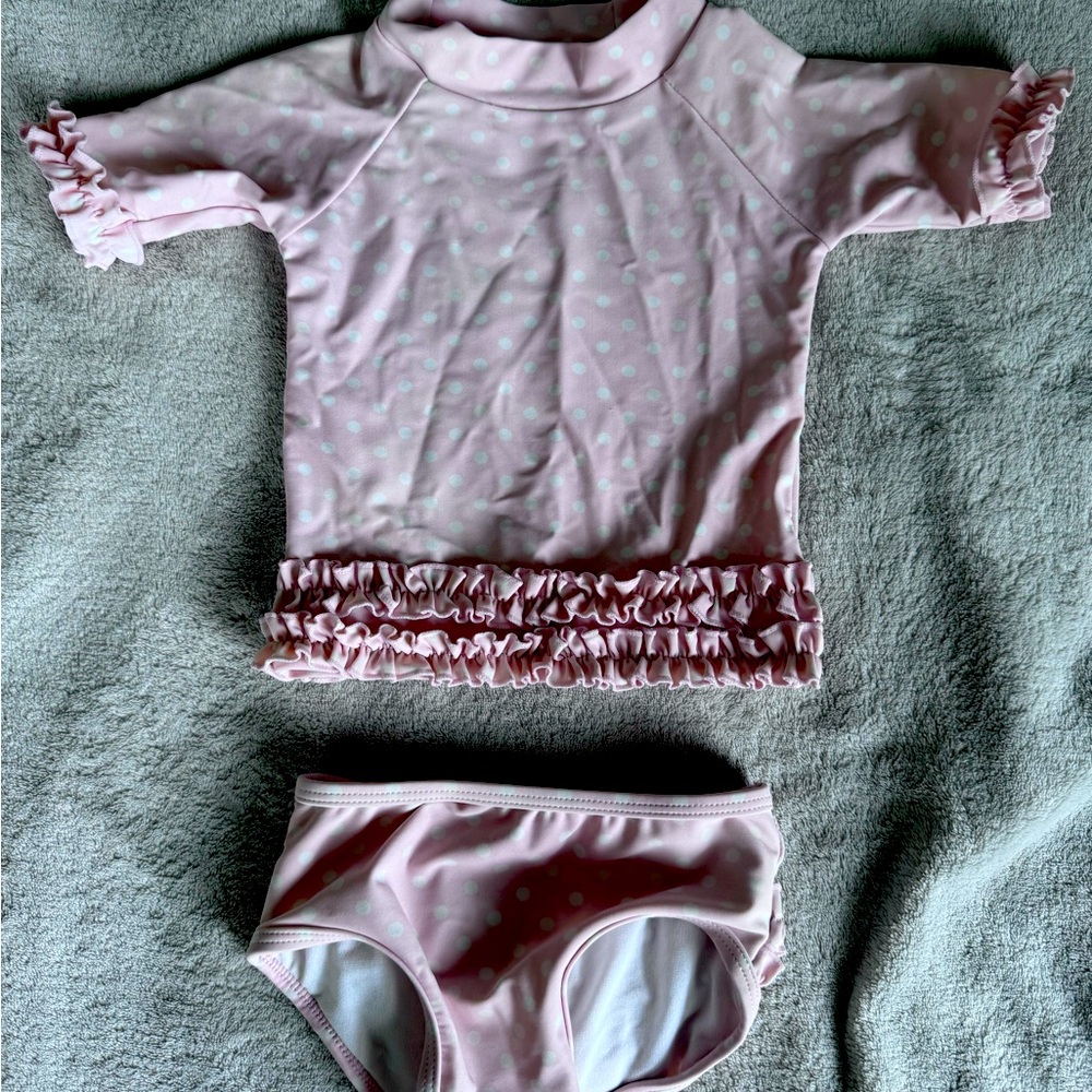 Pink with White Polka Dots Ruffle Butts Swim Set 6-12 months